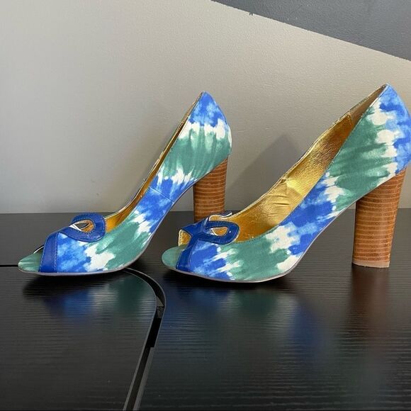 Naughty Monkey ‘Heart Felt’ Canvas Blue & Green Watercolor Peep Toe Heel, 10 - Picture 1 of 12